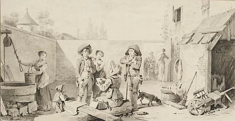   66-Michel Martin Drolling-Veduta del cortile interno di una casa con figure che discutono